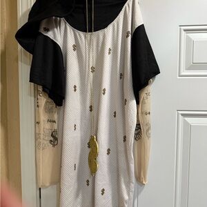 White and Black Hooded Dress with Gold Dollar Sign Accents
